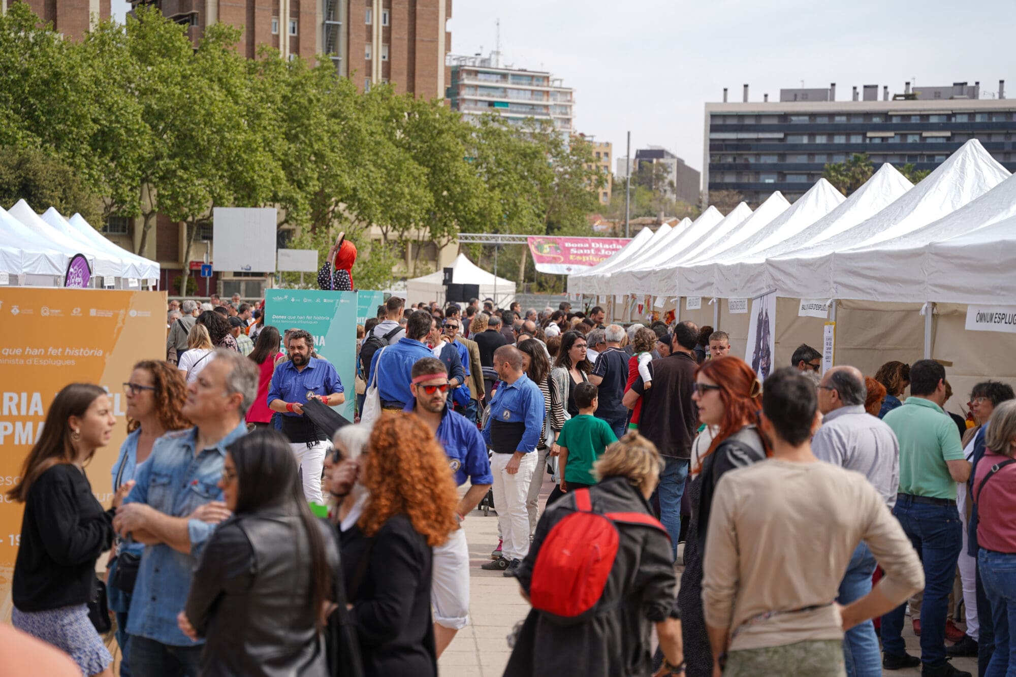 Persones passejant per les paradetes de la plaça Catalunya durant la diada de Sant Jordi