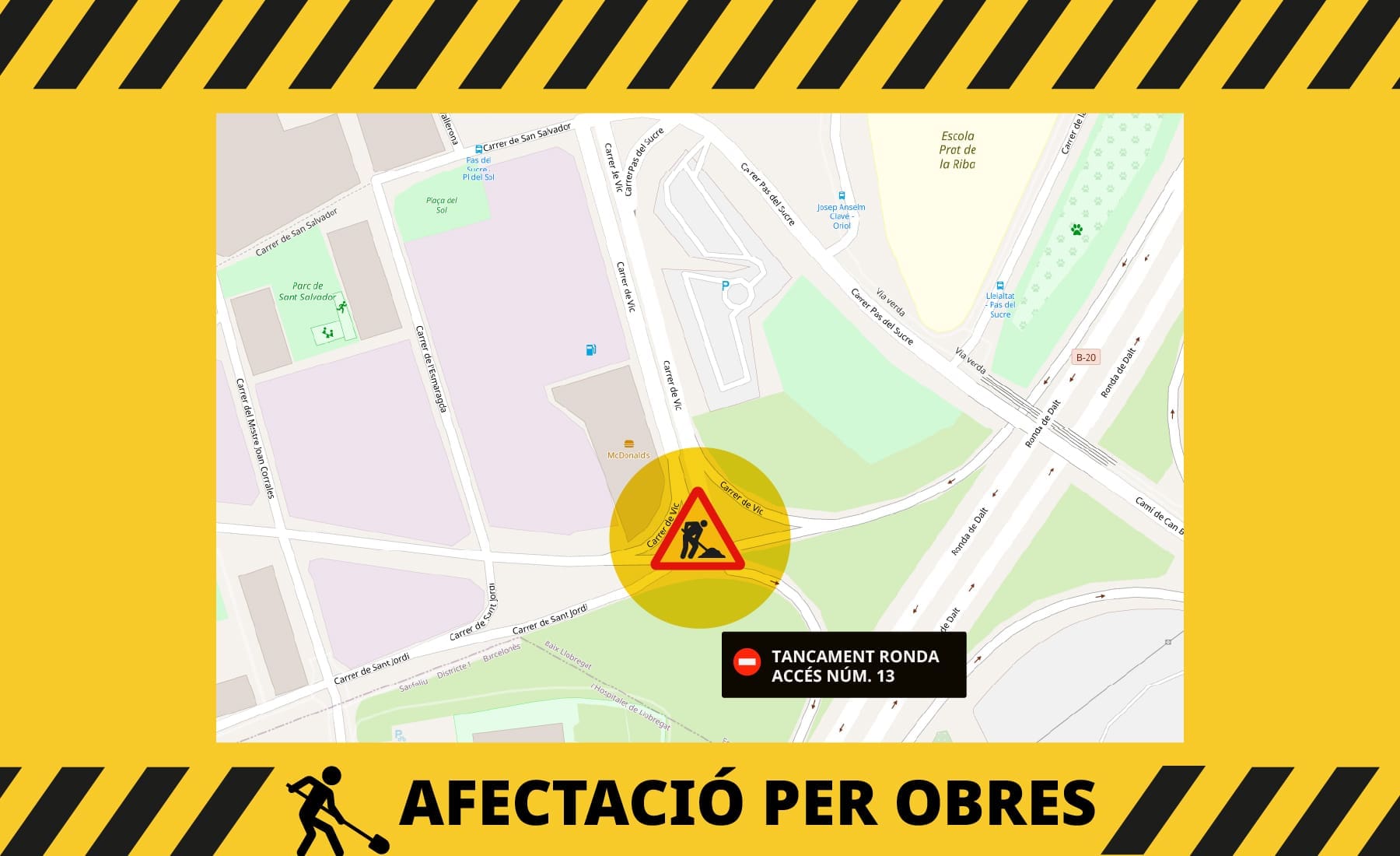 Cartell on es disposa el mapa d'afectació de les obres a la sortida 13 de la Ronda de Dalt