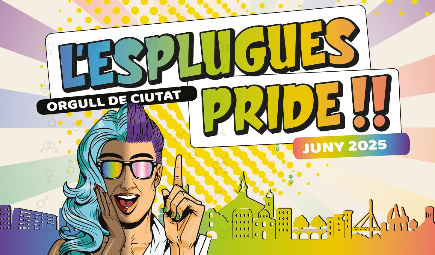 Dibuix il·lustrat. Sobre l'skyline d'Esplugues una persona LGTBI crida el claim "Orgull de Ciutat"